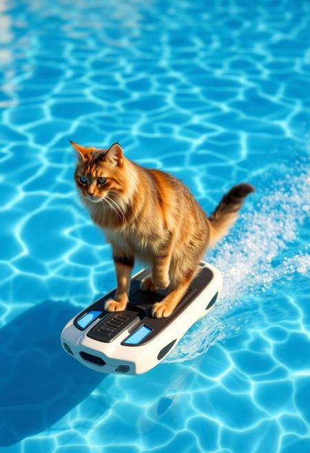 a sexy cat furry riding on a hoverboard above a swimming pool, leaving a cool water trail