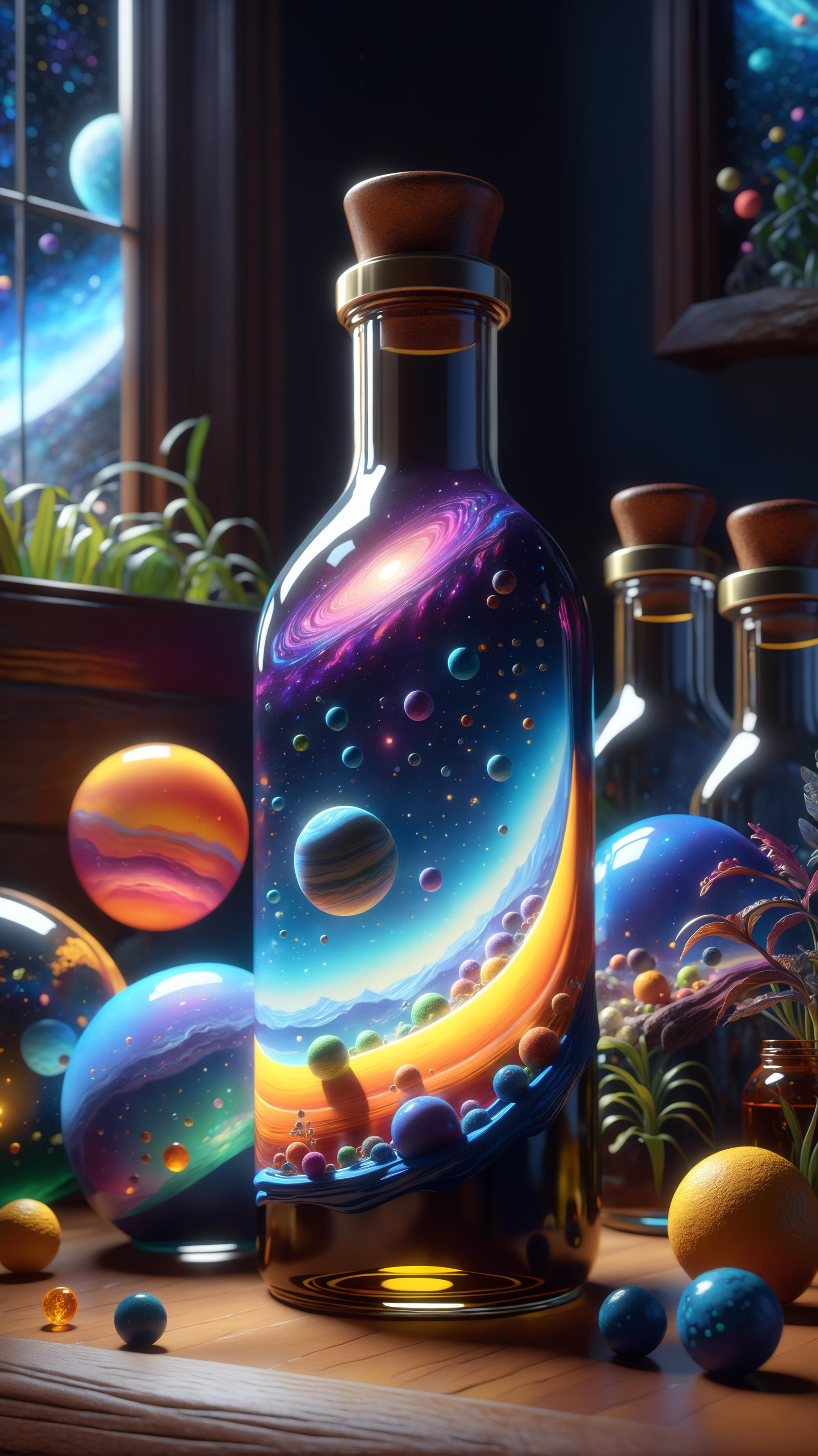 A bottle with a galaxy design on it, surrounded by other bottles and globes.