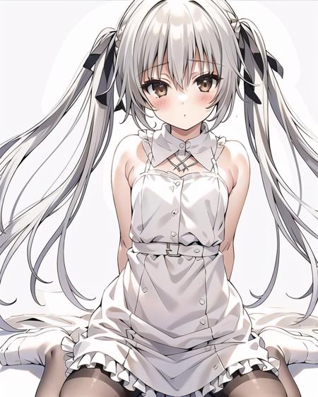 detailed,masterpiece,ultra-detailed,(solo),(1girl),(Delicate eyes),(white background:1.3), Kasugano Sora,panties_under_pantyhose, panties,twintails,hair_ribbon,ribbon, very_long_hair,brown eyes,silver hair,(wariza:1.2), white dress,