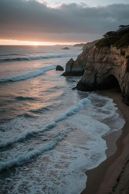 raw photo, a sunset landscape, Valdivian temperate forests coast, Chilean coast,  cozy, photorealistic, high detailed texture, 8k uhd, dslr, soft lighting, high quality, film grain, Fujifilm XT3, Sony A7 IV, highly detailed photography, (muted colors, cinematic, dim colors, soothing tones:1.2), vibrant, insanely detailed, hyperdetailed, (dark shot:1.2), (vsco:0.3), (intricate details:0.9), (hdr, hyperdetailed:1.2) (highest coherency: 1.39) (highest quality: 1.39) (rule of Thirds) (award winning) (breathtaking) (masterclass) (Playa Punta de Lobos)
