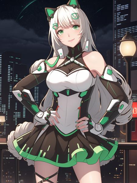 ASUStianxuan, 1girl, solo, long hair,green eyes, drill hair, breasts, looking at viewer,elbow gloves,dress, cat ear headphones,neon trim,bare shoulders, white hair,hair ornament, <lora:ASUStianxuan:0.75>,cityscape, night, (smile:0.6),