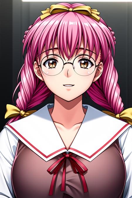 Simple White Background,
school uniform, red ribbon,long sleeves,white shirt,Brown Vest,serafuku,
<lora:Rika_Akagawa_Isaku-KK77-V1:0.7>,Glasses,
pink hair,twin braids,Bangs,long hair,Yellow hair ribbon,brown eyes, 
<lora:Mariana_Luciano_NON_VIRGIN-KK77-V1:0.3>,<lora:more_details:0.1>,
1 girl, 20yo,Young female,Beautiful Finger,Beautiful long legs,Beautiful body,Beautiful Nose,Beautiful character design, perfect eyes, perfect face,expressive eyes,perfect balance,
looking at viewer,(Focus on her face),closed mouth, (innocent_big_eyes:1.0),Light_Smile,
official art,extremely detailed CG unity 8k wallpaper, perfect lighting,Colorful, Bright_Front_face_Lighting,shiny skin, 
(masterpiece:1.0),(best_quality:1.0), ultra high res,4K,ultra-detailed,
photography, 8K, HDR, highres, absurdres:1.2, Kodak portra 400, film grain, blurry background, bokeh:1.2, lens flare, (vibrant_color:1.2),professional photograph, 
(Beautiful,large_Breasts:1.4), (beautiful_face:1.5),(narrow_waist),