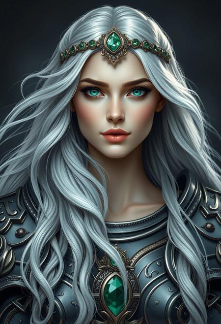 A 20-year-old female goddess with long, flowing silver hair resembling moonlit cascades, adorned with a delicate, gemstone-encrusted circlet, her elegant face showcasing a serene yet powerful visage, with profound, piercing emerald eyes that seem to hold the wisdom of the ages. Her features, a masterful blend of classical Greek and Norse inspirations, exude an aura of intelligence, confidence, and unyielding strength, tempered by a deep sense of compassion and wisdom. She wears an intricately crafted, modernized suit of armor, a mesmerizing fusion of ancient,