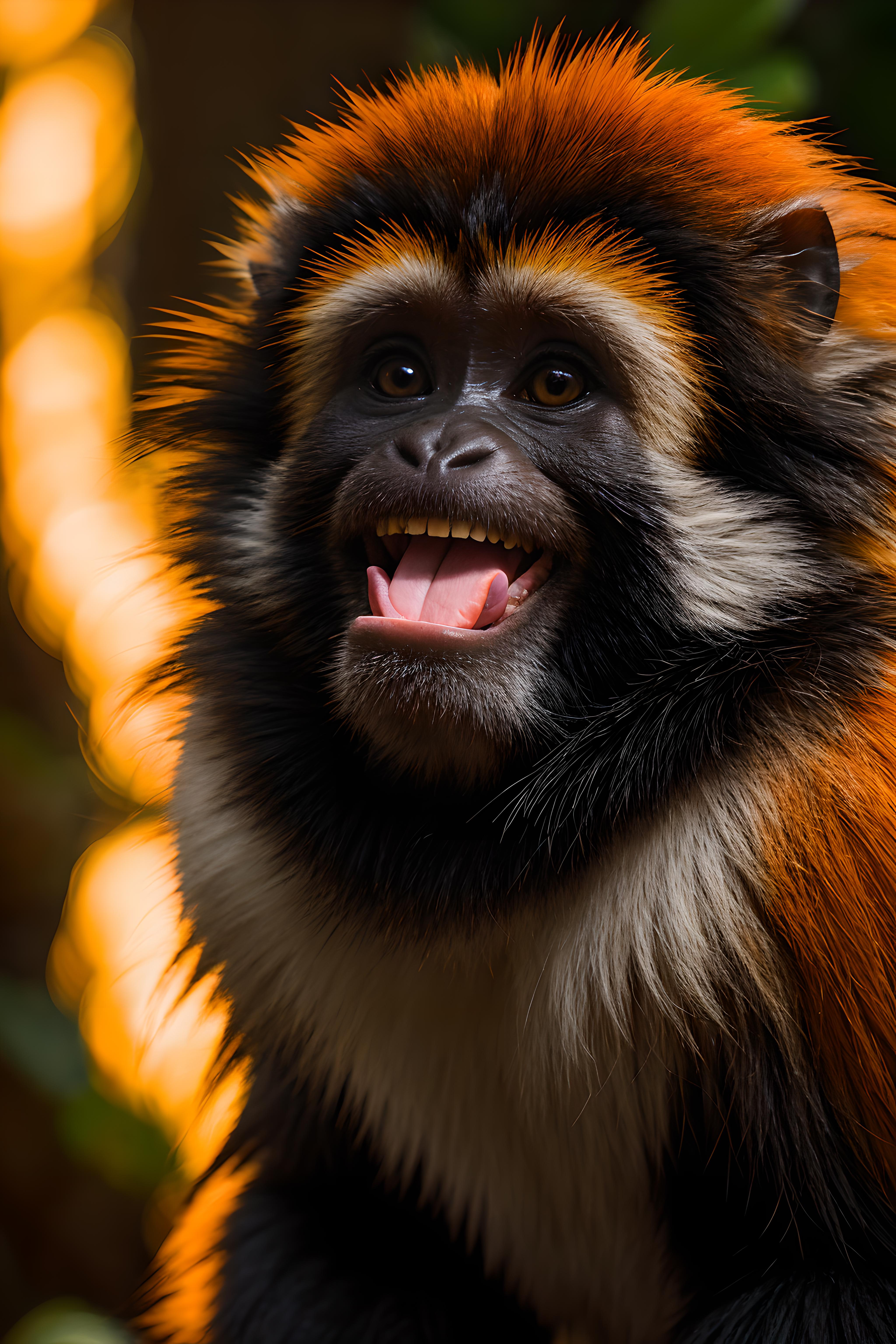 A smiling monkey with a black and white face and orange fur.