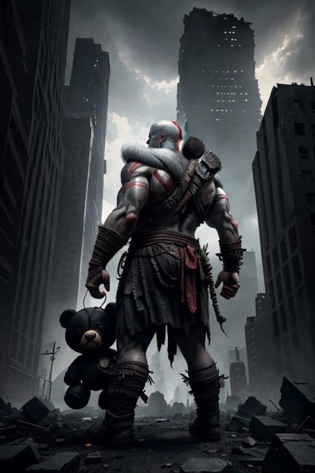 god of war,looking back at viewer,upper body,standing,bagging a black Evil Ghost Face teddy bear,against the backdrop of the (ruined city:1.1) unreal engine style of Artgerm finely detail,ultra-detailed,highres,