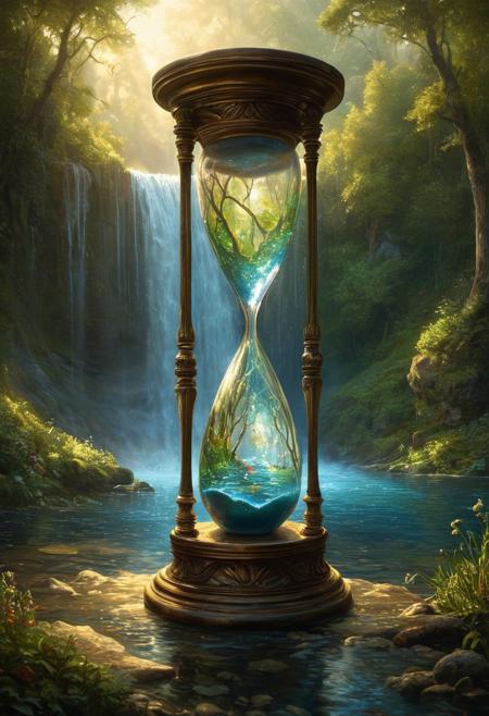 adorn, 
pastoral, 
waterfall striking hourglass, 
lake, 
tall, 
pouring water, 
oiled painting, 
artistic, 
highly detailed, 
perfect composition, 
Broken Glass effect, 
no background, 
stunning, 
something that even doesn't exist, 
mythical being, 
energy, 
molecular, 
textures, 
iridescent and luminescent scales, 
breathtaking beauty, 
pure perfection, 
divine presence, 
unforgettable, 
impressive, 
breathtaking beauty, 
Volumetric light, 
auras, 
rays, 
vivid colors reflects. Arteork., 
hyper realistic-surreal and fantastic composition Perfect and dynamic digital painting