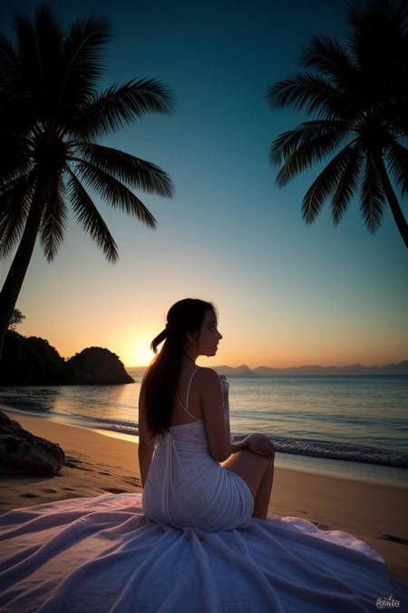 The sun has risen and casts its sunrise light at the picturesque beach of Koh Yao Noi island, between two giant palms, a woman with a bun in a beautiful long patterned dress is sitting on her patterned blanket looking towards the ocean at a white yacht, an amazing view of the surrounding boulders rising out of the water, a breathtaking view, paradise mood, rich and complex oil painting, best quality, double exposure, realistic, whimsical, fantastic, splash art, intricate detailed, hyperdetailed, maximalist style, psychedelic, post-apocalyptic, photorealistic, concept art, sharp focus, harmony, serenity, tranquility, mysterious glow, ambient occlusion, halation, cozy ambient lighting, dynamic lighting, excellent composition, finest details, highest aesthetics, strong muted highlighter of the turquoise ocean around, blue hue, mystical glowing, best quality sharp focus, colorful, surreal, ultra quality, 8k, best quality, a masterpiece, award winning, DB4RZ, DB4RZ style painting, NeoPigma, in the style of cksc, anime, cyberpunk