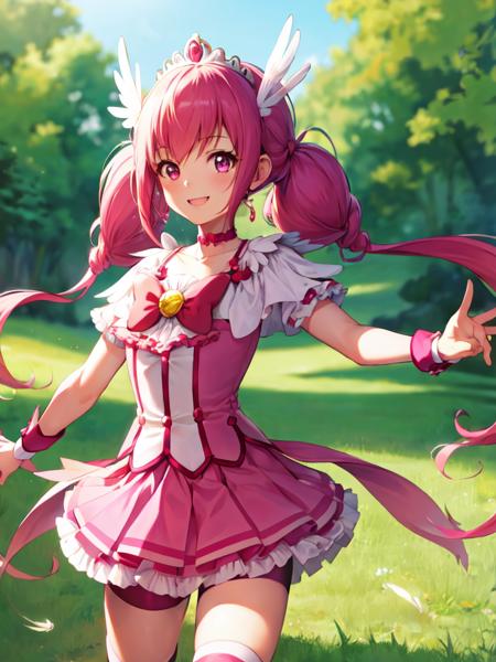 cure happy low twintails, feather hair ornament, skirt, tiara, wrist cuffs, pink shorts, shorts under skirt, boots