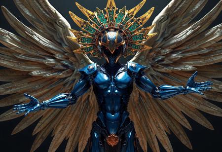 A hyperdetailed cinematic digital illustration of a humanoid Incarnated Machine Angel, depicted in a dynamic pose with outstretched arms, exuding readiness and power. The body is predominantly blue, contrasting sharply with the black-and-white head, while the large headdress is a complex assembly of gold and green, featuring intricate patterns and designs. The Orcustrated Babel background provides a stark contrast, enhancing the angel’s visibility and drawing immediate attention. Rendered in Unreal Engine 6, with 4K resolution, lifelike details, sharp lines, and stunning, harmonious colors. The composition is impeccable, with captivating cinematic lighting, balanced editing, and a creative angle, trending on ArtStation, CGSociety, and ArtStationHQ. Inspired by the styles of Raphael, Houdini, and Grammer Effect, with vivid emotions and a powerful message. The humanoid Incarnated Machine Angel’s design showcases handcrafted precision and a sense of divine mechanical grandeur, evoking a high-stakes, otherworldly atmosphere."