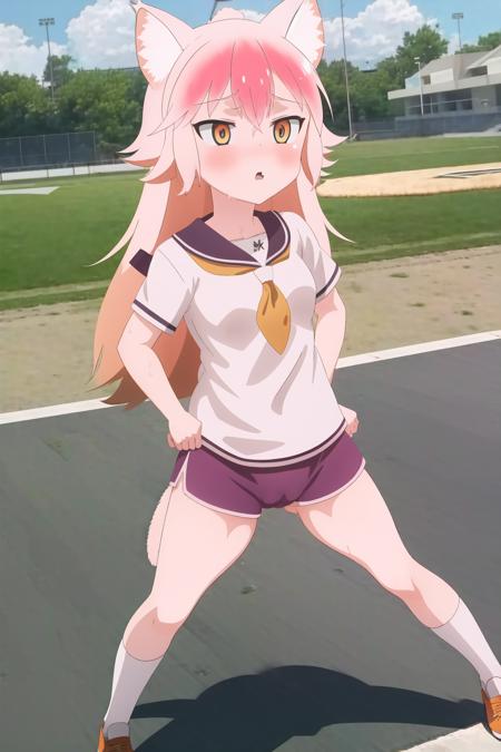 1girl, school stadium background, little girl, animal ears, wolf ears, wolf tail, full body, murenase, pink hair, orange eyes, ((camel toe)), buruma, white t-shirt, sweat, shorts