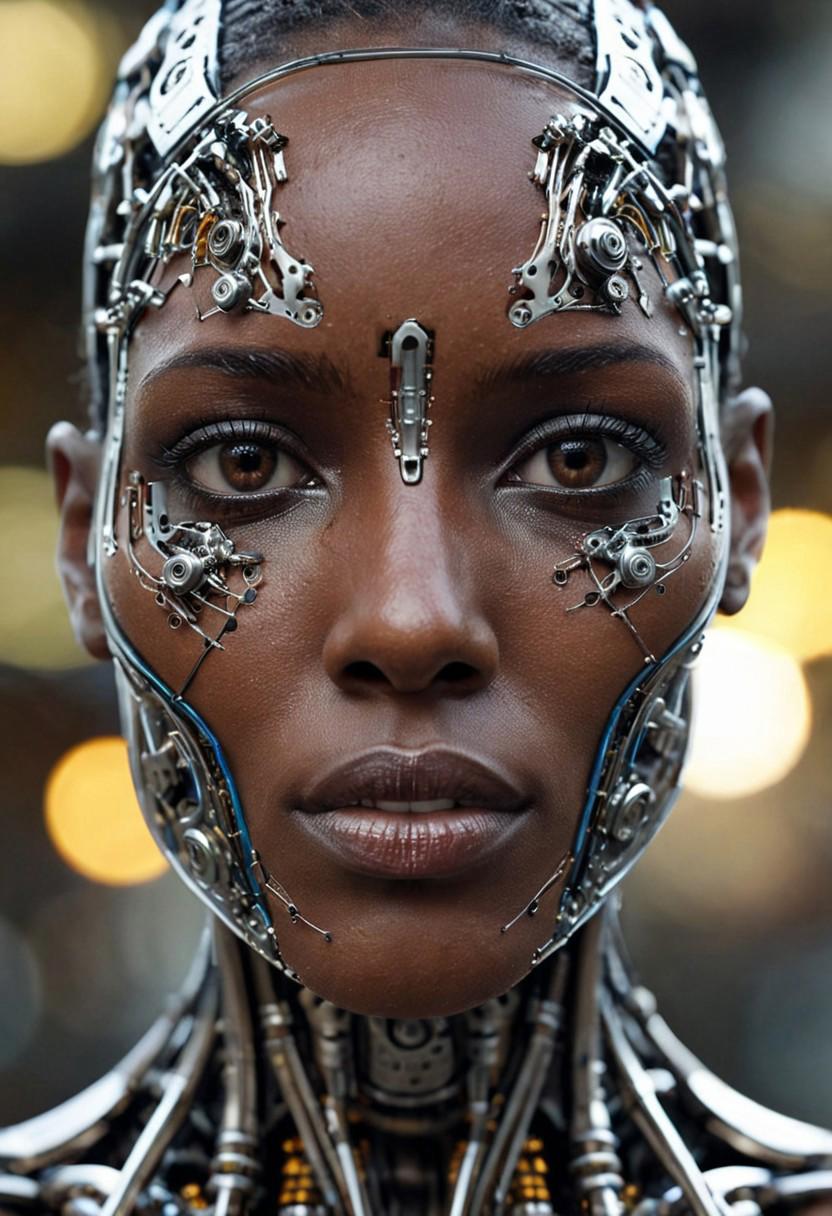 extremally realistic, realistic, 32k, dof and bokeh, transformation from human kenyan  to machine, human machine fusion, blending humanoids forms to mechanical, plastic with organic, glass and metal, extremally detailed image of mechanical female face,