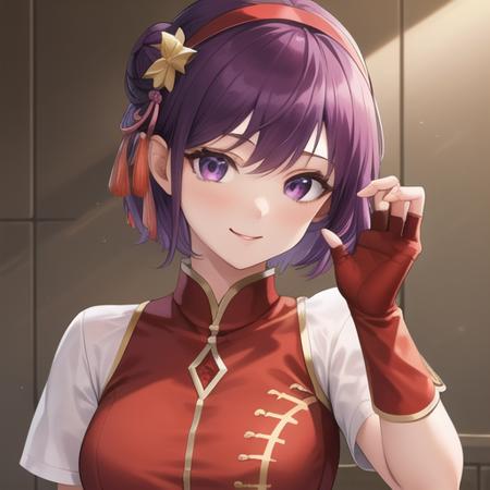 (masterpiece, best quality:1.2),illustration,8k,hd,1girl,solo,upper body,(portrait:1.2),fingerless gloves,short hair,purple hair,purple eyes,smile,hairband,breasts,dress,medium breasts,star hair ornament,chinese clothes,short sleeves,hair ornament,china dress,hair bun,red gloves,red hairband,blue short shorts,boots,<lora:Asamiya Athena-00:0.6>,