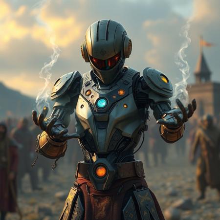 a high-tech robot in a medieval world conjuring a spell