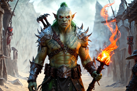 bioluminescent, an orc pit fighter with green skin, wearing minimal armor, holding a spiked mace, solo, from the Fireforge Clan, with blackened armor and fiery orange tattoos, an orc training ground with wooden dummies, weapon racks, muddy terrain, detailed background, aiming a longbow, targeting an enemy, fierce, eyes narrowed, wide shot, a beast taming ritual with orcs taming worgs, whips cracking, crowds watching, a rope trap, set on the ground, on a sandy dune, shifting sand, foggy, thick mist swirling, dim visibility, midmorning, bright sunlight, warm air, clear skies, best quality, vibrant colors, photorealistic style, high detail, high-definition, hyper-realistic, extremely high-resolution details, fine texture, incredibly lifelike, realistic, not cartoon, not drawing, highres, 4K resolution, source photo, realistic photo, masterpiece, best quality, amazing quality, very aesthetic, ultra-detailed, detailed textures, natural lighting, soft lighting, sunlit tones, warm yellows and oranges, moonlight, cool silver glow, overhead shot, <lora:Mystic_Lumina_r1-000007:0.9>