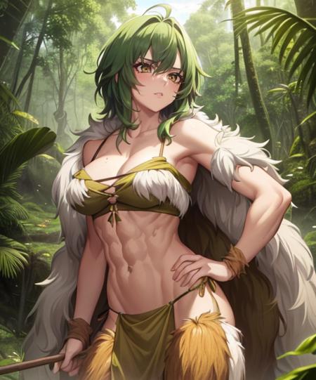 (adult woman), (1girl, solo), ((cavewoman, loincloth, fur clothes)), dirty, small breasts, muscular, abs, (green hair, messy hair), (yellow eyes), ((primordial earth, jungle, volcano)), (yellow sky), ((best quality, high detail)), ((masterpiece)),  <lora:1_izumitsubasa_4e:1>