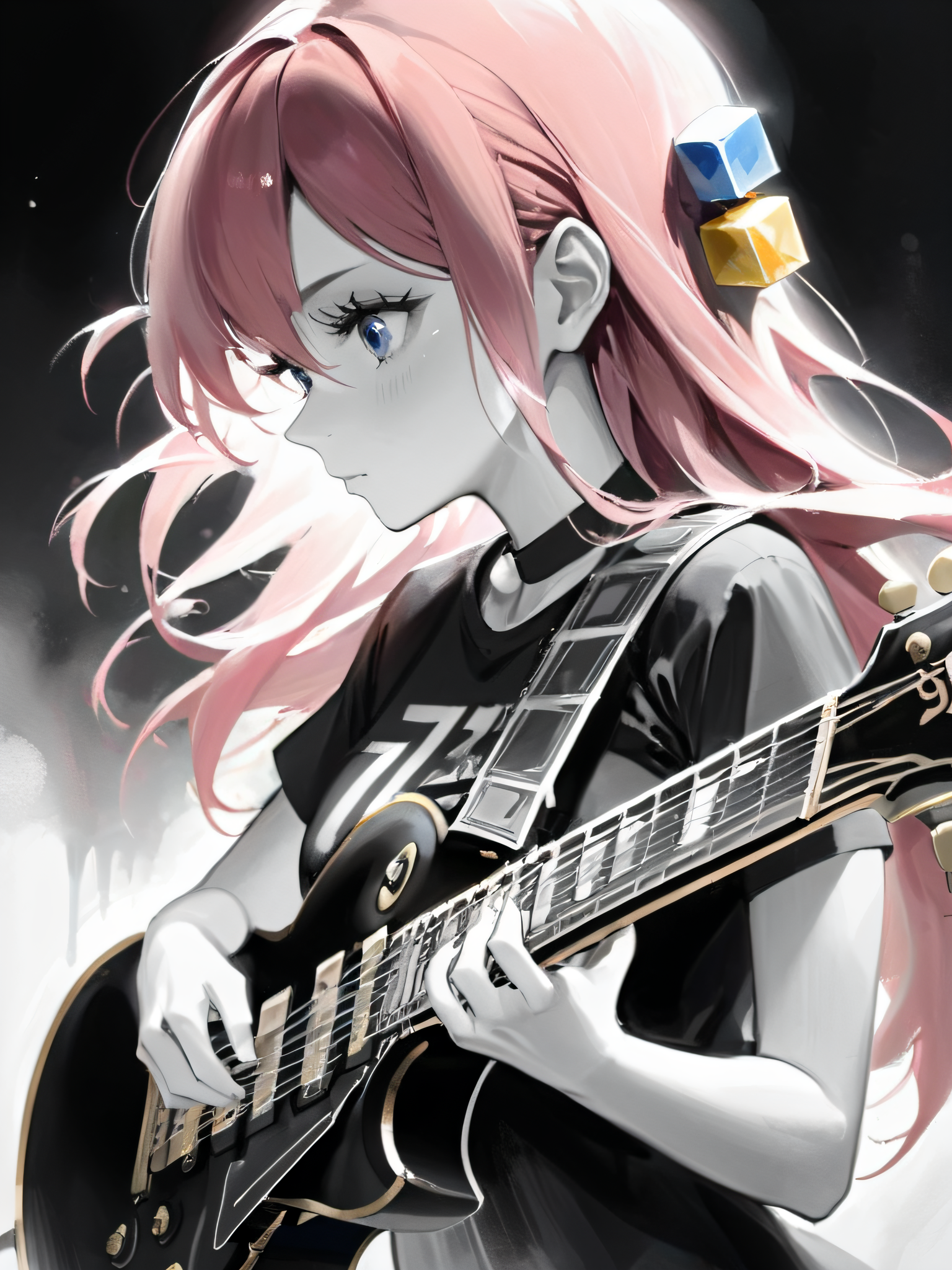 monochrome cube hair ornament, a young girl with pink hair and blue eyes, playing a Gibson Les Paul electric guitar with p...