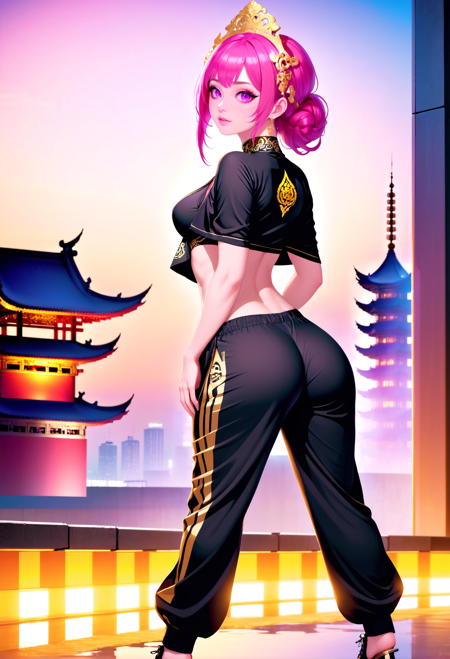 anime style, 1girl, (scaled runner:1.3), (full body:1.4), deep pink hair, twin drills,Victorian Updo, iridescent violet eyes, pose, , muscular,shawl, medium breasts, sexy thicc hourglass figure,(muscular:0.6), , ((pants:1.3):1.2) [:wild, wild costume design:0.2], chinese, soft body, wide hips, narrow waist, (golden hour,  scenery,   ballroom in a construction site:1.3)