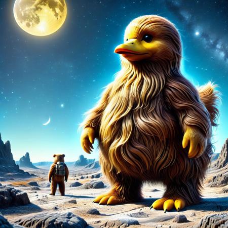A colorblind bright yellow duck over in Wookiee Hair, standing near a bear in the moon surface, 
score_9, score_8_up, score_8_up, masterpiece,super detailed face, super high resolution, FaceDetail, masterpiece-level, highly detailed, intricate details, detailed background, complex background, cinematic, intricately detailed illustration, depth of field, masterpiece, best quality, amazing quality, very aesthetic, absurdres, newest, very awa, shadow, dynamic angle,