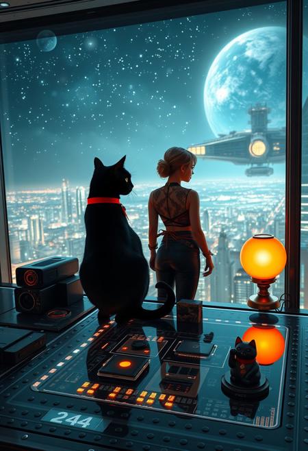 A sleek black cat with red collar sits on a cluttered metal riveted desk with transparent top and micro-LED lighted computer components visible inside, On the desk are a maneki neko statue and a lava lamp, the Black Cat is looking out of a seamless and futuristic floor to ceiling window that looks out at the lights of enormous buildings and cities far below, (((a beautiful woman, 24 years old, is standing behind a desk looking out at the nebulae and starships, the sleek black cat with red collar is sitting on the desk and looking out the window, the woman is dressed in an ornate elegant Art-Deco Chinese style top that displays her toned abdomen and tight leather pants. An enormous art deco inspired starship with futuristic lighting and an enormous space station are visible in the background among the stars, The woman's hair is elegantly tied up with a ribbon. Artistic cyberpunk, dynamic perspective, (((overall architectural aesthetic is Art Deco Cyberpunk))).  Epic image that elicits a feeling of wonder and awe, part of the interior is visible,