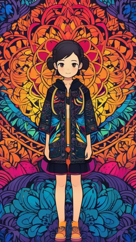 Random artwork, single person, intricate background, colorful