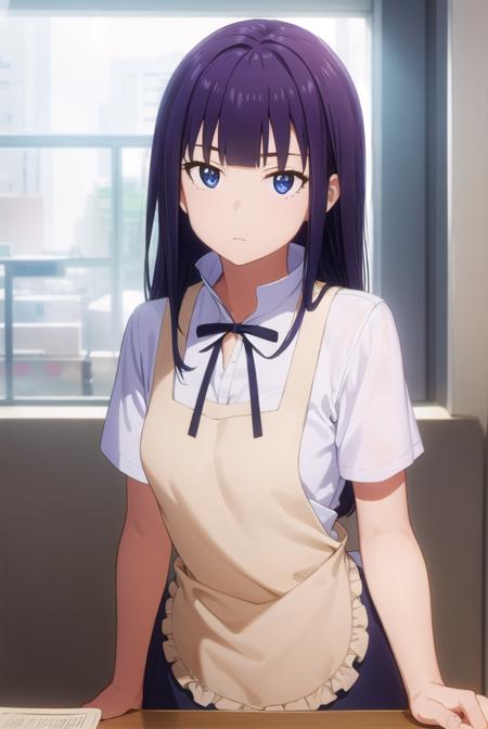 aoi yamada, long hair, (purple eyes:1.1), purple hair, blunt bangs, apron, waitress,