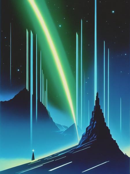 <lyco:LucSchuiten:1.0> Eyvind Earle concept art of The HERMIT or Sage lights the path of wisdom, to knowledge beyond the worldly or immediately practical. Follow the Star of Solomon., vaporwave cinematic sleek neon shafts beams light, tarot, Zeb