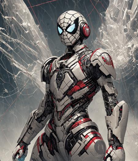 masterpiece, best quality, full body view, futuristic cybernetic scifi mecha Spiderman suit, large headphones, Marvel character design, white and silver and mercury, exposed circuits, organic biopunk, volumetric fog background, cinematic, intricate concept art by Jeremy Mann and Carne Griffiths