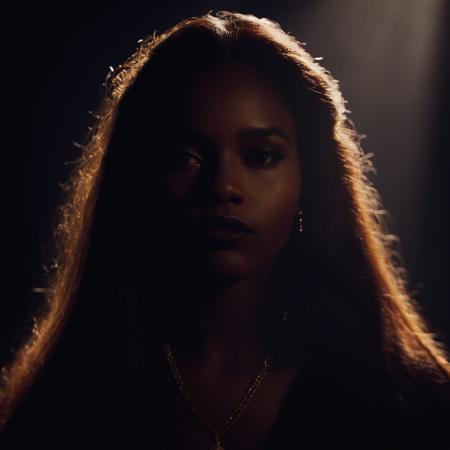 cinematic film still of  <lora:Chiaroscuro Lighting Style:1>
dramatic, cinematic, shadow, partially covered in shadow, a woman with long hair and a necklace Chiaroscuro Lighting Style, 1girl, solo, long hair, looking at viewer, closed mouth, dark skin, blurry, dark-skinned female, lips, blurry background, portrait, realistic, warm light, shallow depth of field, vignette, highly detailed, high budget, bokeh, cinemascope, moody, epic, gorgeous, film grain, grainy