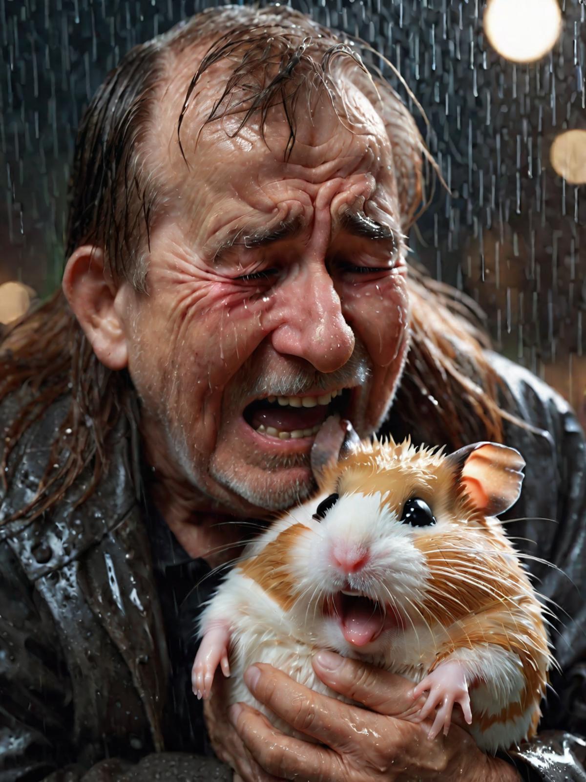 A man holding a wet hamster in the rain.