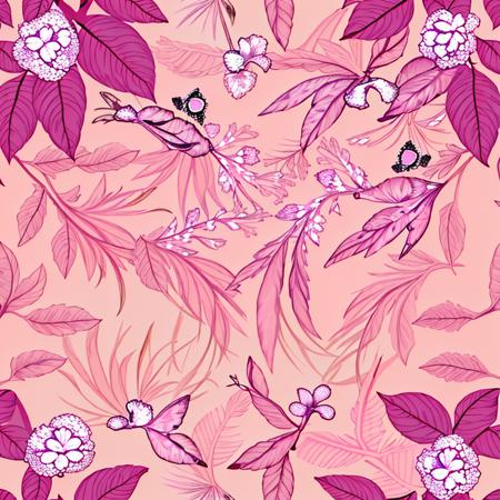 a pattern with lilacs  and birds on a pink background <lora:pattern-000100:0.9>