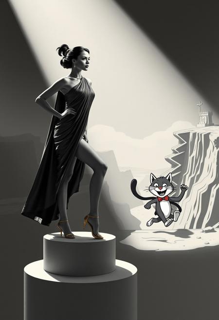 A glamorous model in Grecian drapery strikes a dramatic pose on a pedestal, while a mischievous cartoon cat steals her sandals and runs into a zigzagging canyon., fashion surrealism, sculptural lighting, vintage black-and-white elegance, expressive cartoon forms, dreamlike desert backdrops, theatrical posing, absurdist humor, Art Deco influence, shifting landscapes, playful visual rhythm, high-fashion meets comic strip, classical drapery, quirky character design, neoclassical composition, surreal narrative, stylized environments, anthropomorphic charm, visual wit, retro avant-garde