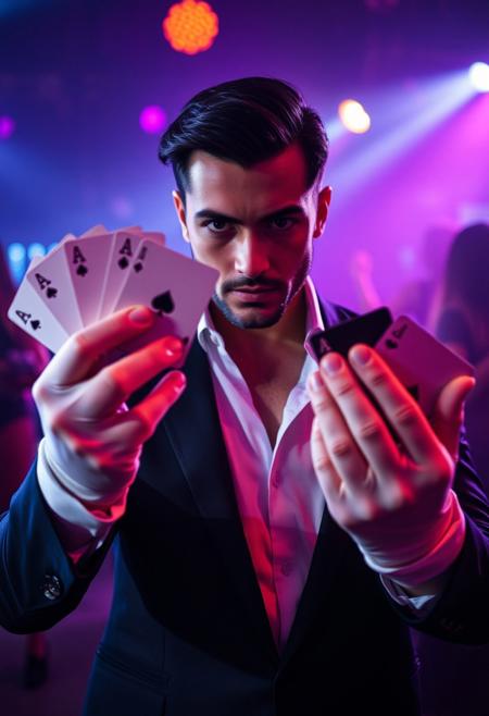 in a night club, amidst light strobes and smoke, a good looking slick dandy modern magician wearing white felt gloves, a tie less shirt and suit makes the cards fly from one hand to the other while maintaining intense eye contact with the camera