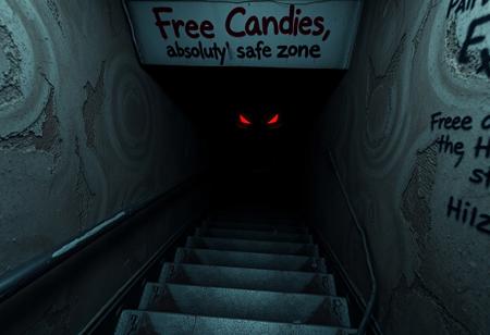 score_9, score_8_up, score_7_up, masterpiece, best quality, amazing quality, very aesthetic, absurd. Dilapidated, creepy stairs down to a pitch black basement, crumbling walls, the words "Free Candies, absolutely safe zone" spray painted above the basement entrance. Glowing red eyes and a menacing grin sharp teeth are visible in the black darkness, reverse atmosphere, dark atmosphere, Realistic, best quality, 4k, masterpiece, viewed from above,