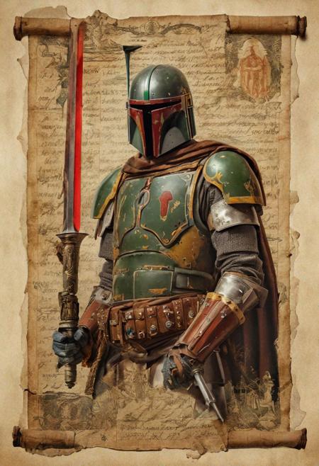 Boba Fett as medieval knight, old scroll with illumination