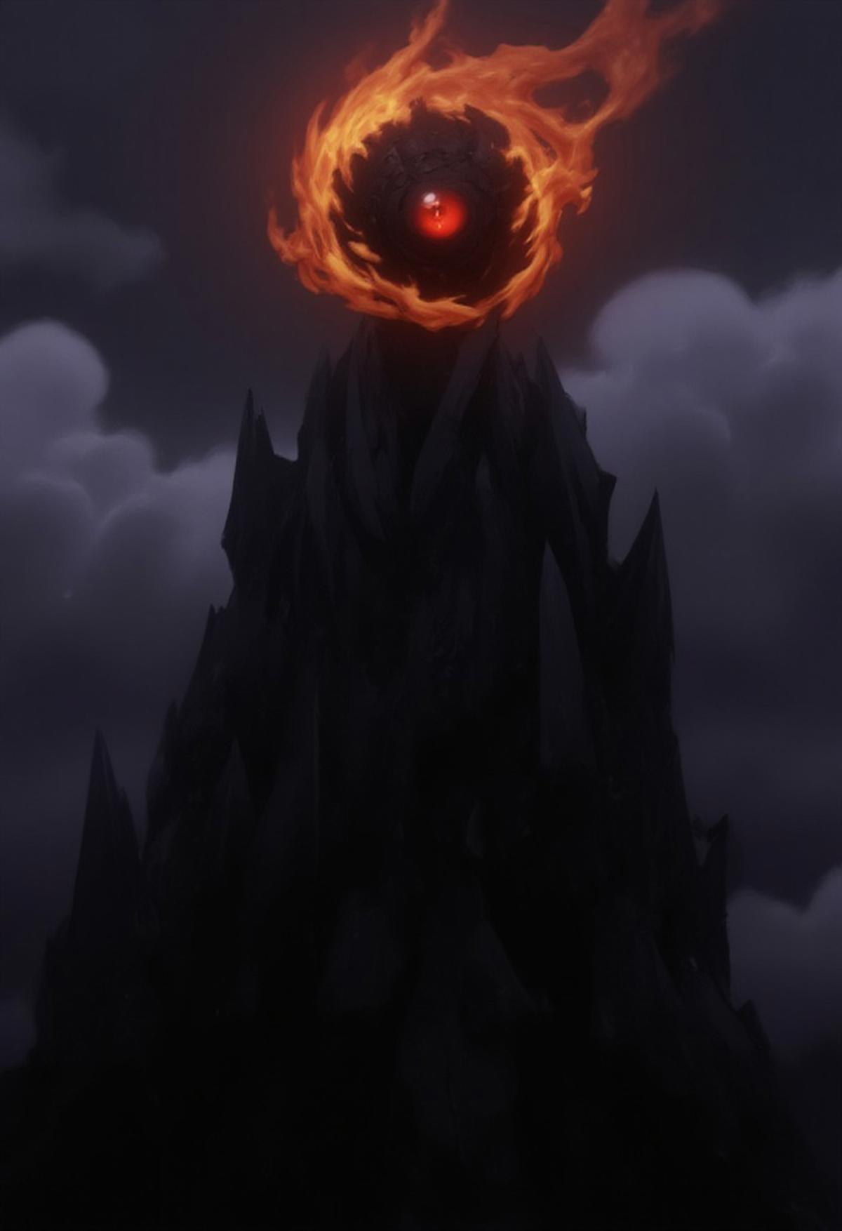 The image is an anime-styled illustration of a menacing and powerful character from the Lord of the Rings. The Eye of Sauron, perched atop Barad-dûr, the Dark Tower, is one of the most iconic and menacing symbols in J.R.R. Tolkien's The Lord of the Rings series. The Eye itself is depicted as a fiery, lidless eye, constantly searching and surveying the lands of Middle-earth. Its form is intense and unsettling, with a slit pupil that resembles that of a reptile or cat, giving it a predatory and all-seeing appearance.
The iris of the Eye glows with a burning, molten orange or red hue, radiating power and malevolence. Flames and tendrils of fire often seem to flicker around it, emphasizing its unyielding and consuming gaze. 
Barad-dûr, the fortress on which the Eye is set, is a massive, dark tower made of black iron and stone, located in the land of Mordor. The structure is imposing and jagged, with sharp spires and battlements that reach skyward. The tower is surrounded by an oppressive atmosphere of shadow and gloom, with dark clouds often swirling above, contributing to its ominous and foreboding presence.
The Eye of Sauron atop Barad-dûr is not only a literal symbol of Sauron's power but also a metaphoric representation of his desire for control and domination. Its gaze is relentless, embodying the fear and dread that Sauron instills in those who oppose him.