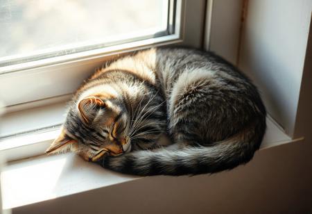 Nature photography, tranquil tabby cat curled on a sunlit windowsill, soft diffused window light highlighting fluffy fur and gentle contours, subtle shadows and warm ambiance, cat dozing peacefully, tight framing, slightly overhead angle, cozy indoor setting, mood peaceful and comforting, soft diffused daylight with creamy highlights, warm beige and muted blue tones, Fujifilm X-T4, in the style of Annie Leibovitz