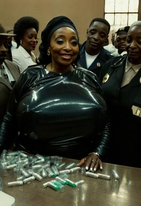 ()Hyoer Realistic:2.0)Polaroid picture of ((Woman Fully Visible Full Body Photo)) Film Still:1.50), a hyper realistic Movie Still of elderly (80 years old ((busty)) black women) (giving  communion drinks to the  crowd of women) ((drunk (((under drug dealer mind-spell preaching with a smile:1.30))):1.70)) procession inside (Mississippi Baptist Church Police Officer :1.60)
BREAK (wearing semi-transparent very high platforms::0.9)  ((Woman Fully Visible Full Body Photo)) Film Still:1.50), a hyper realistic Movie Still of elderly (80 years old ((busty)) black women)
