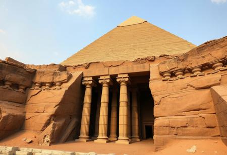 ,Egyptian pyramid. Beneath it are columns 600 meters below the surface of the earth. The columns are surrounded by scrolls. There are chambers at the bottom of the columns.