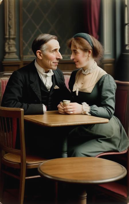 <lora:wish_you_were_here:1> WYWH postcard photograph of a couple in a cafe sitting at a table talking
