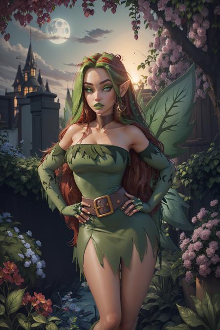 8k, high res, best quality, Illusen, 1girl, solo, looking at viewer, dress, bare shoulders, wings, choker, pointy ears, elbow gloves, belt, fingerless gloves, hand on hip, strapless, makeup, strapless dress, green dress, fairy wings, green gloves, green wings, garden, <lora:Illusen-000016:1>, dark <lora:LowRa:0.40>