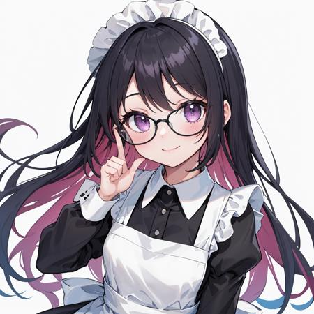 1girl,solo,black hair,glasses,maid,colored inner hair,long hair,maid headdress,multicolored hair,smile,looking at viewer,apron,blush,upper body,simple background,blue hair,black-framed eyewear,bangs,purple eyes,maid apron,dress,one finger to glasses,two-tone hair,closed mouth,long sleeves,index finger raised,black dress,white apron,collared dress,grey background,puffy sleeves,frills,white background,hand up,, masterpiece, best quality,