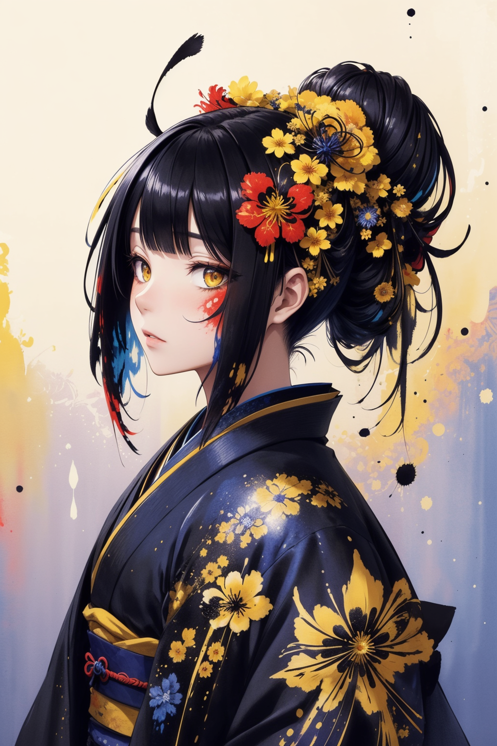 masterpiece, best quality, 1 girl, kimono, (lycoris flower) in hair, highly detailed, high definition, hair up, (yellow in...