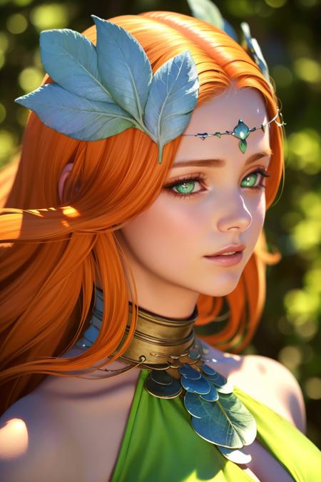 nophica, 1woman, red hair, (green eyes), (green dress), leaf circlet, green necklace, armlet, leather chocker, leaf thigh strap, <lora:nophicaV1:0.7>, (sfw), RAW photo, best quality, high resolution, (masterpiece), (photorealistic), professional photography, sharp focus, HDR, 8K resolution, intricate detail, sophisticated detail, hyper detailed, (bokeh), ((close up)) portrait, posing, sitting, female focus, beautiful garden, indoor, ((blurry_background))