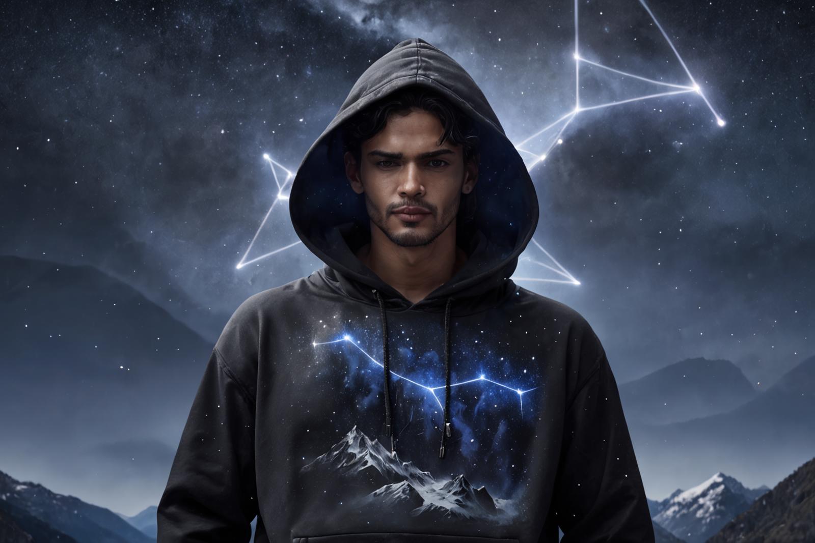 Man in a Hoodie with a Mountain and Stars Design on the Front.