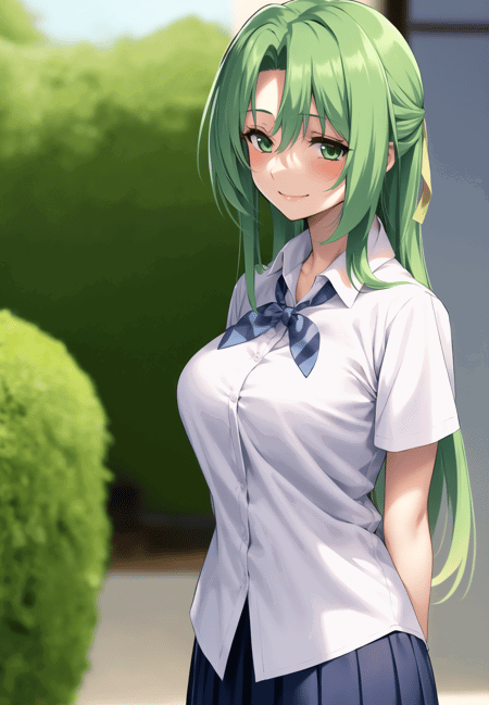 1girl, green eyes, green hair, long hair, yellow hair ribbon,
collared shirt, striped bow tie, pleated skirt, smile,
upperbody, standing,
<lora:SonozakiShion:0.9>, sonozaki_shion,
 <lora:piromizu512:0.5>