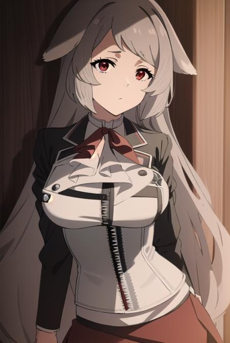 pursenaadoldia, <lora:pursenaadoldias2-lora-nochekaiser:1>,
pursena adoldia, long hair, (red eyes:1.5), animal ears, very long hair, grey hair,
BREAK cleavage, skirt, long sleeves, pantyhose, frills, shoes, red skirt,  loafers, white pantyhose, blazer, (white blazer:1.5), corset, (black corset:1.5),
BREAK indoors, classroom,
BREAK looking at viewer, (cowboy shot:1.5),
BREAK <lyco:GoodHands-beta2:1>, (masterpiece:1.2), best quality, high resolution, unity 8k wallpaper, (illustration:0.8), (beautiful detailed eyes:1.6), extremely detailed face, perfect lighting, extremely detailed CG, (perfect hands, perfect anatomy),