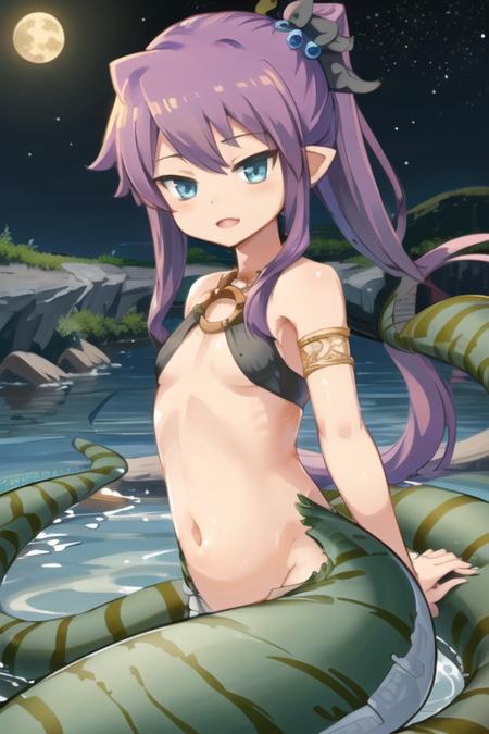 monster girl, mon-musu quest, lamia, blue eyes, 1girl, tiny lamia, purple hair, looking at viewer