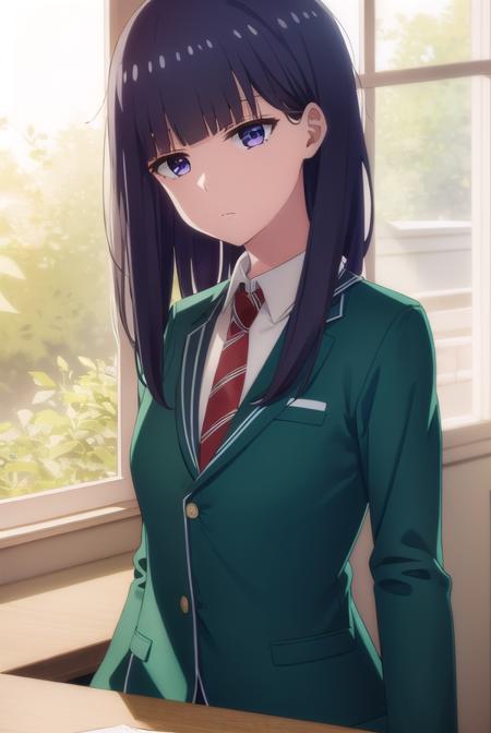 misuzugundou, <lora:misuzu gundou s1-lora-nochekaiser:1>,
misuzu gundou, long hair, bangs, black hair, blunt bangs, (purple eyes:1.1),
BREAK shirt, long sleeves, school uniform, jacket, necktie, blazer, red necktie, striped, striped necktie, (green blazer:1.5),
BREAK indoors, classroom,
BREAK looking at viewer, (cowboy shot:1.5),
BREAK <lyco:GoodHands-beta2:1>, (masterpiece:1.2), best quality, high resolution, unity 8k wallpaper, (illustration:0.8), (beautiful detailed eyes:1.6), extremely detailed face, perfect lighting, extremely detailed CG, (perfect hands, perfect anatomy),