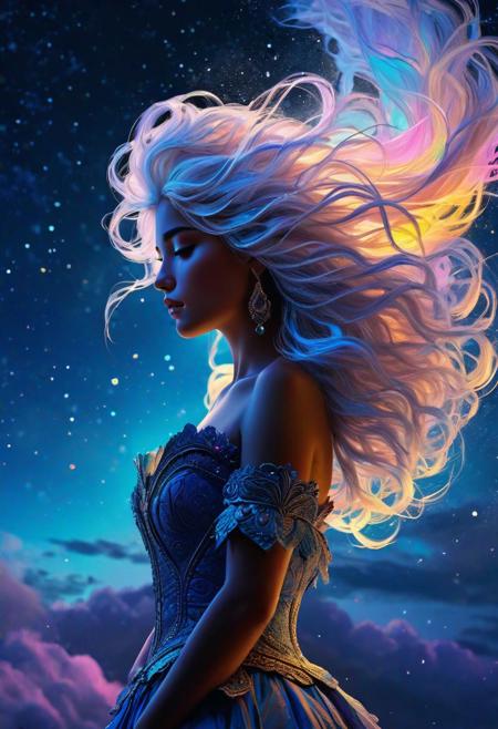 abstract style 2girl,(from side),(silhouette:1.2),profile,big hair,masterpiece,best quality,light particle,depth of field,field,scenery,fantasy,indigo light,(far away:1.1),cute girl,midriff,tribal sash,pastel colors, Traveler,yearning to explore the ends of the world to discover its wonders and help its denizens,by Andy Kehoe,(Glowing ambiance, enchanting radiance, luminous lighting, ethereal atmosphere, mesmerizing glow, evocative hues, captivating coloration, dramatic lighting, enchanting aura), ink painting, ((moon:1)), (masterpiece, top quality, best quality, official art, beautiful and aesthetic:1.2), (1girl:1.4), extreme detailed,(joshua middleton comic cover art:1.1), (Action painting:1.2),(concretism:1.2),theater dance scene,(hypermaximalistic:1.5),colorful,highest detailed, ,cloudy sky, night,flying in the sky, floating hair, full body, (masterpiece, best quality, high quality, highres, ultra-detailed),
f feelings, imaginative, highly detailed
 ultra detailed, sharp focus, best quality, masterpiece, colorful, avalanche, (glow:0.4), hands risen, glow from below, messy long white hair, night time, (heavy blizzard:1.6), volumetric lighting, best quality, masterpiece, intricate details oil painting