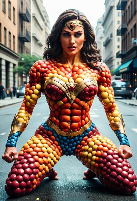 Skittles, Taste the Rainbow, Wonder Woman, action pose, city street, detailed background, Detailed face, detailed eyes, perfect eyes, absurdres, high quality, masterpiece, very aesthetic